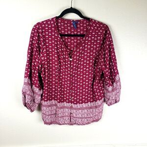 Women's Fame Forever Boho Festival Burgundy Button Up Peasant Sleeve Sz XL